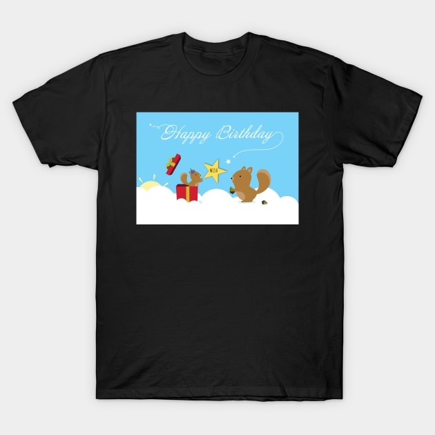 Happy Birthday Squirrels on the blue sky T-Shirt by Anicue